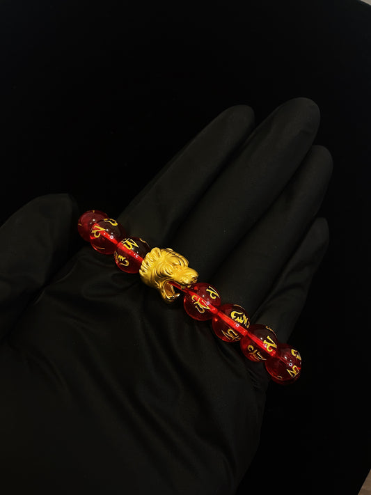 24K Gold Tiger Head with Red Bead Bracelet