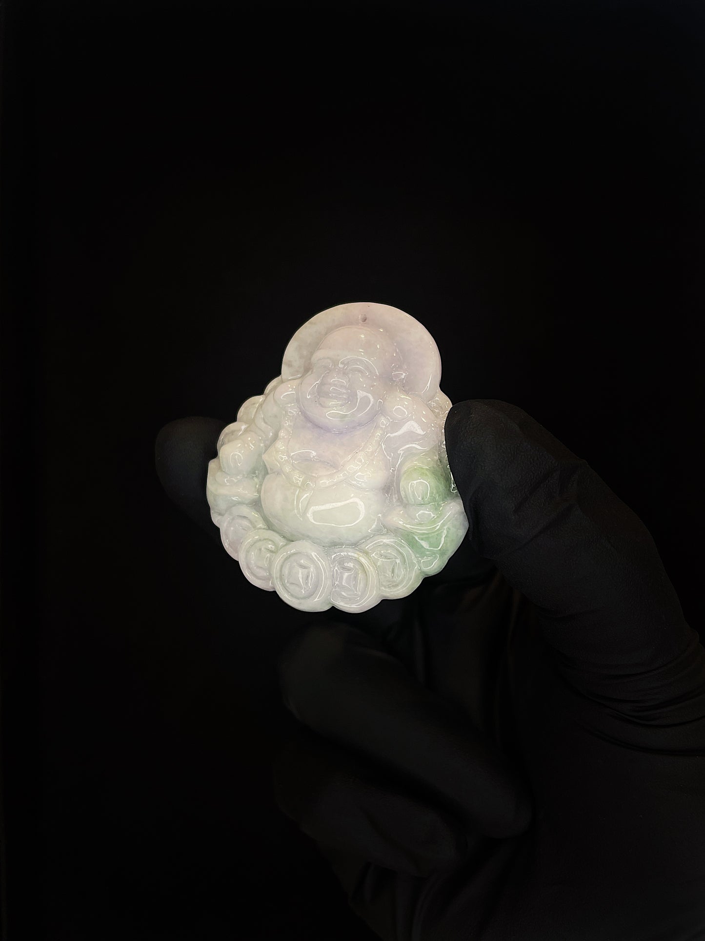 Lavender Green Jade Laughing Buddha w/ Money Coins Pendant