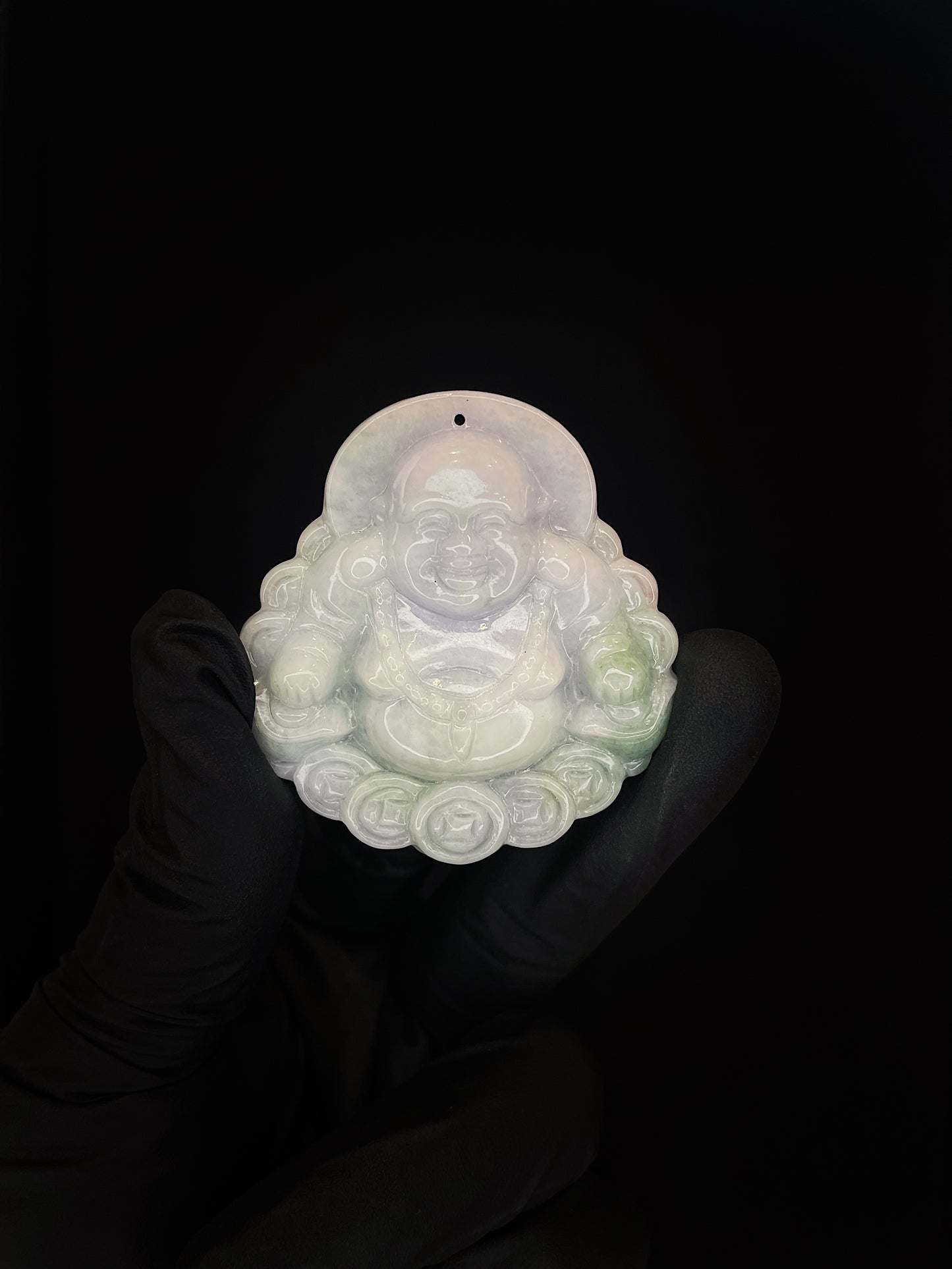 Lavender Green Jade Laughing Buddha w/ Money Coins Pendant