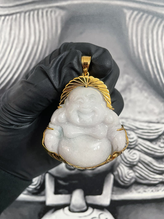 18K Yellow Gold White Jade Laughing Buddha